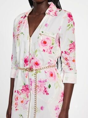 Guess| White & Pink Floral Zip-Front Satin Rolled Cuff Shirt Mini-Dress Sz M
